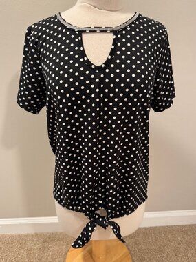 Womens Petite XL Louise Paris Polka Dot Tie Front Top Keyhole Rhinestone Blouse